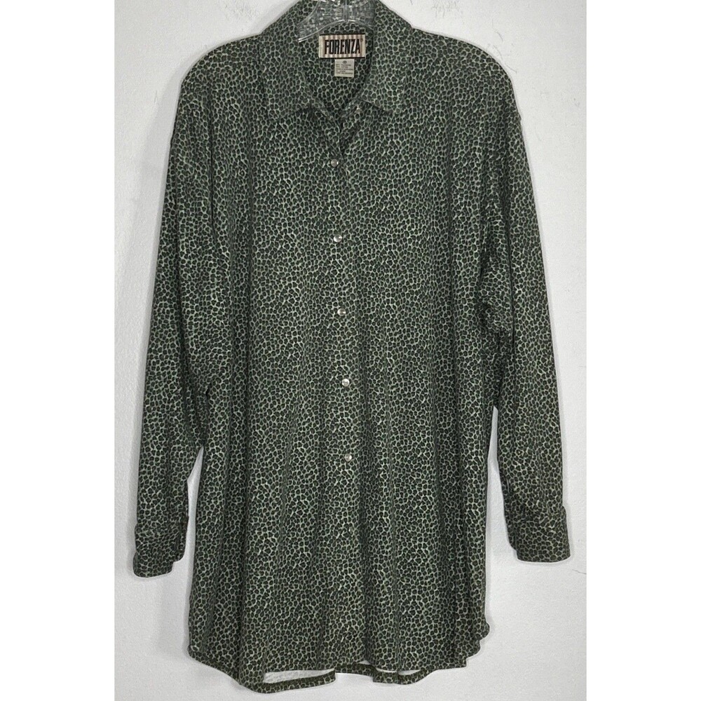 Vintage Forenza Blouse Tunic Green Cheetah Pearl Snap Medium Cotton Blend Soft!
